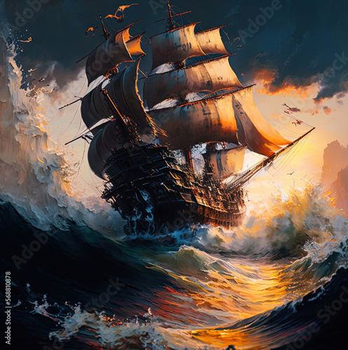 Massive Pirate Ship, art style Rembrandt van Rijn, large splashes, large transparent waves splashing against the hull, raking sunlight shining through water, Ship painting
