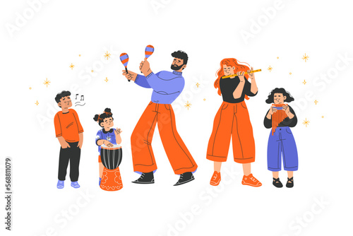 Musical Family with Parent and Kids Playing Instrument and Singing Vector Illustration