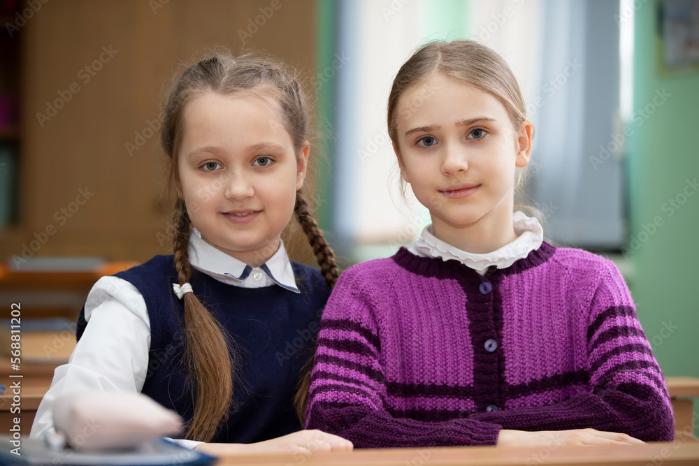 Two schoolgirls sit at a desk in the classroom and look at the camera.