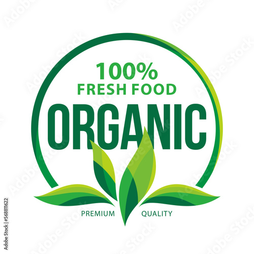 100% fresh organic food logo design. With illustration of fresh abstract leaves and circles