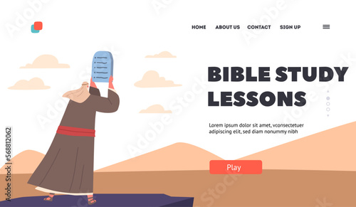 Bible Study Lessons Landing Page Template. Moses Character Holding Tablets of Stone with Ten Commandments at Mount Sinai