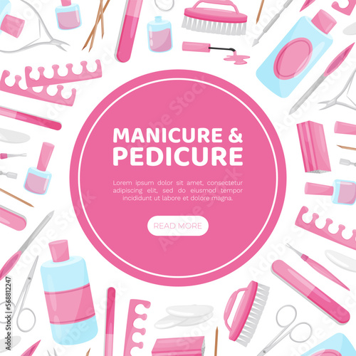 Manicure and Pedicure Banner Design with Nail Equipment Vector Template