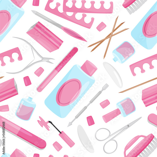 Manicure and Pedicure Seamless Pattern Design with Nail Equipment Vector Template