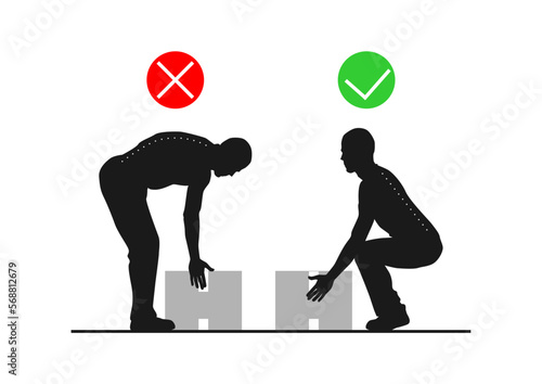 Safe lifting. Silhouettes of people lifting weights in the correct and incorrect way. Vector.