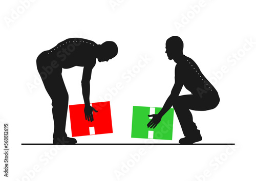 Safe lifting. Silhouettes of people lifting weights in the correct and incorrect way. Vector.