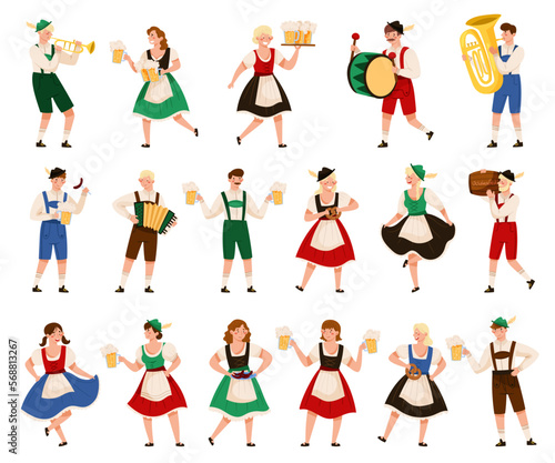People Characters in Traditional Bavarian Costumes Playing Musical Instrument and Carrying Beer Mug Big Vector Set