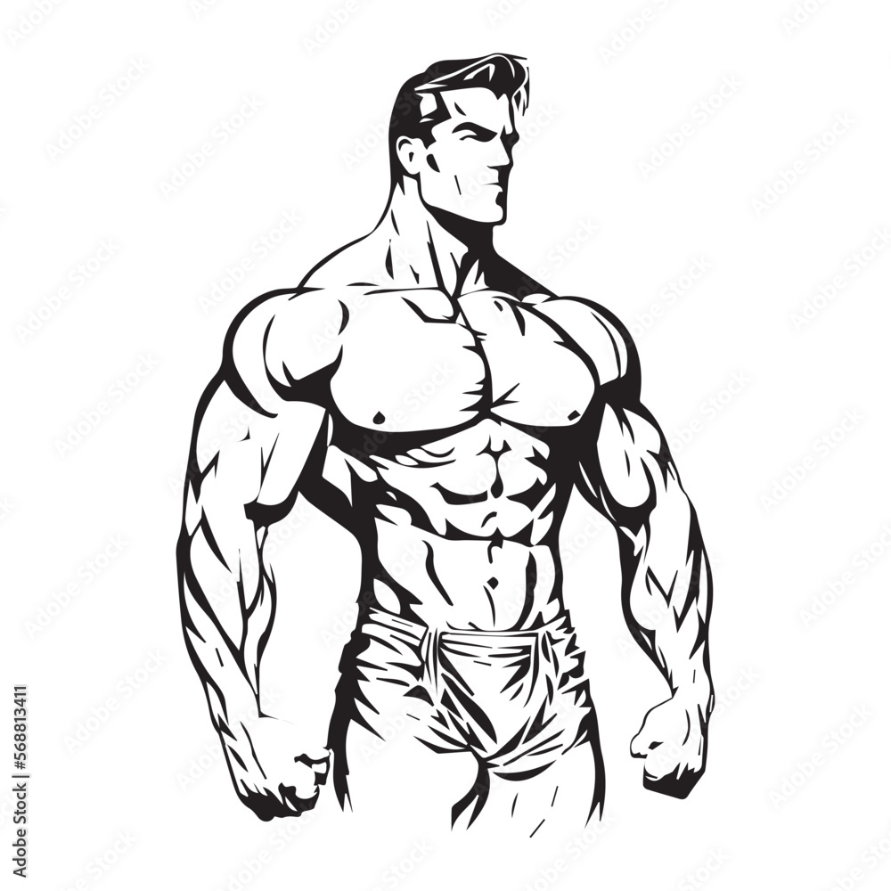 Fototapeta premium Bodybuilder, muscle man black outline vector illustration