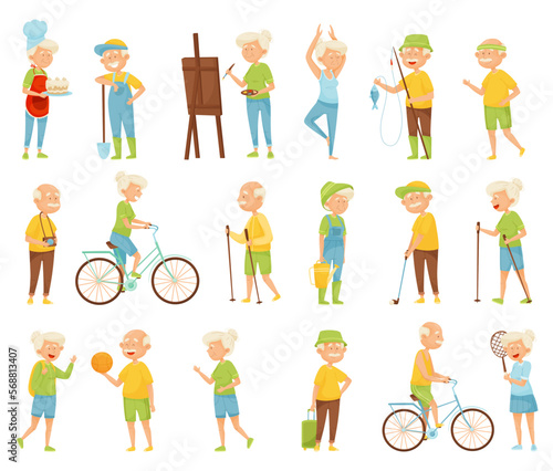 Old People Characters Doing Different Activities on Retirement Big Vector Set