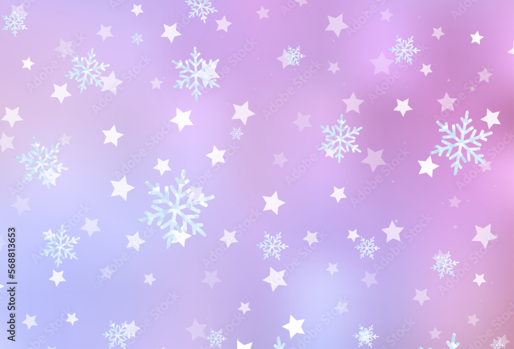 Light Purple, Pink vector background with beautiful snowflakes, stars. Light Purple, Pink vector background with beautiful snowflakes, stars.