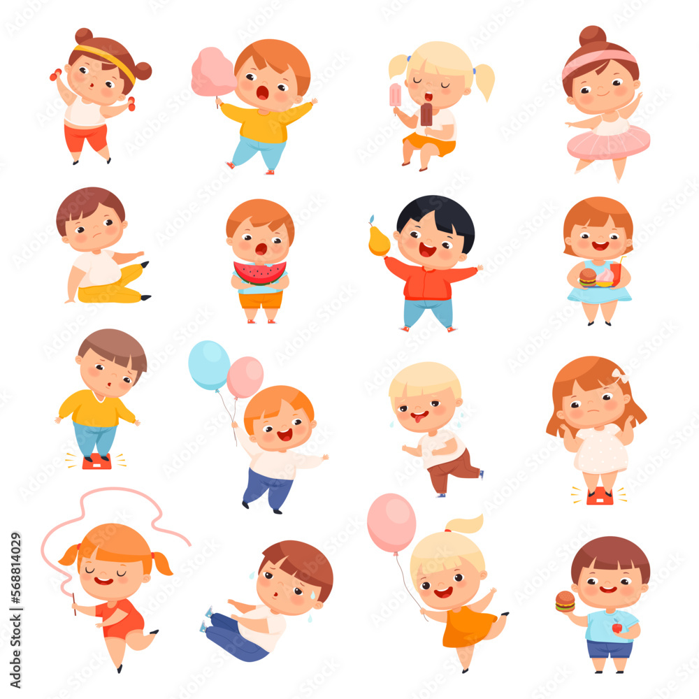 Little Boy and Girl with Overweight and Body Fat Eating and Engaged in Sportive Activity Big Vector Set Little Boy and Girl with Overweight and Body Fat Eating and Engaged in Sportive Activity Big Vector Set