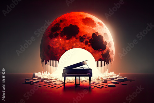 surreal, colorful red painting of a grand piano standing in front of a giant moon on a dark background