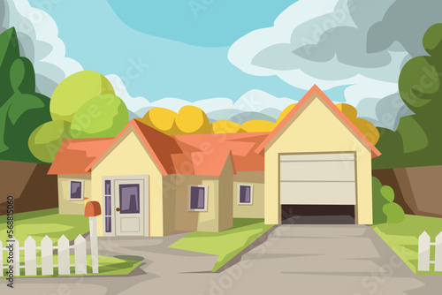 a beautiful house cartoon design sunny day