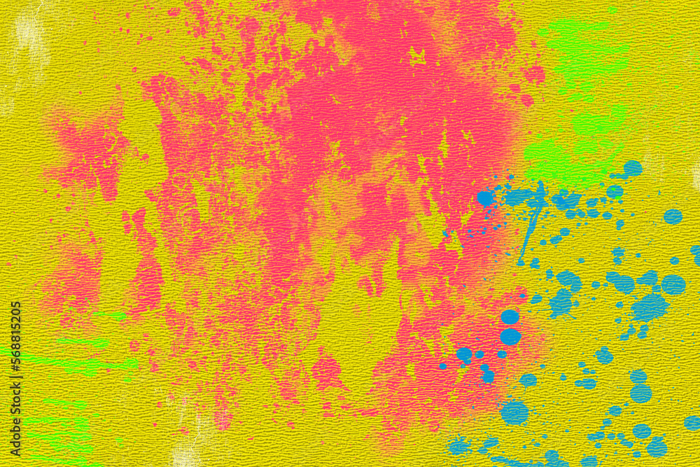 Pink and blue paint stains on yellow textured paper.
