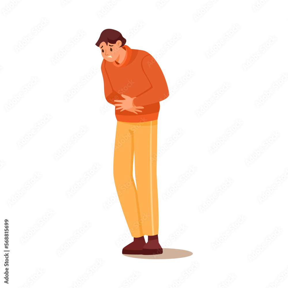 Fototapeta premium Man Character Suffering from Pain or Ache in His Stomach Vector Illustration