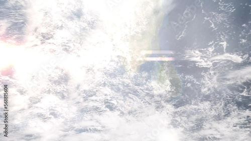 Earth zoom in from outer space to city. Zooming on Thiruvananthapuram, Kerala, India. The animation continues by zoom out through clouds and atmosphere into space. Images from NASA