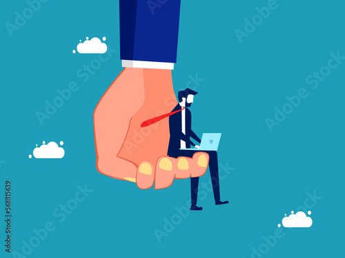 Business support. Businessman with laptop on big hand. business concept together vector