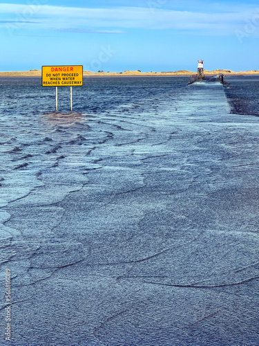 The causeway to Lindisfarne on Holy Island off the coast of Northumberland in northeast England. Only passable at low tide.