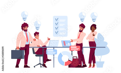 Entrepreneurs Brainstorming at Meeting. Men and Woman Thinking about New Business Ideas. Cartoon Vector Illustration