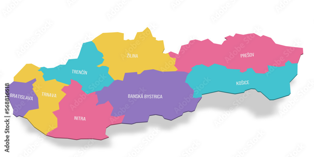Slovakia political map of administrative divisions - regions. 3D colorful vector map with name labels.