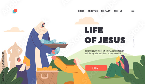 Life of Jesus Christ Landing Page Template. Apostle Giving Food to Woman and Son. Character Feeding Hungry Hearers
