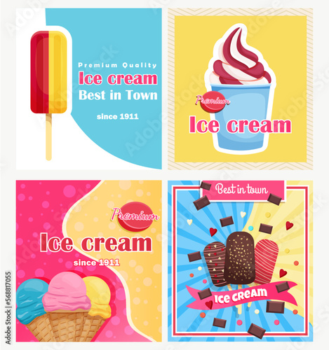 Set of banners with ice cream ads. Vector stock illustration. Retro style and cartoon. trendy design. Food and treats.