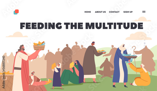 Feeding the Multitude Landing Page Template. Jesus Christ and Apostles Characters Feeding Hungry Crowd