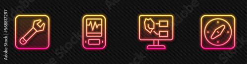 Set line Soil analysis, Wrench spanner, Seismograph and Compass. Glowing neon icon. Vector