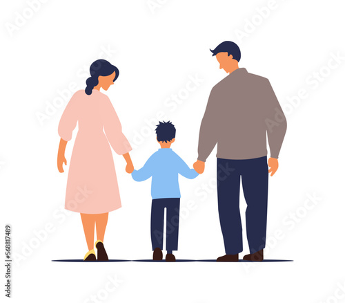 Father and mother figure holding hands with child. Mom with dad and son. Vector illustration for concepts of family.
