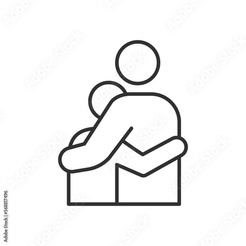 2 characters embracing and hugging eachother. Vector thin line icon illustration for concepts of love, family, romance, support, empathy