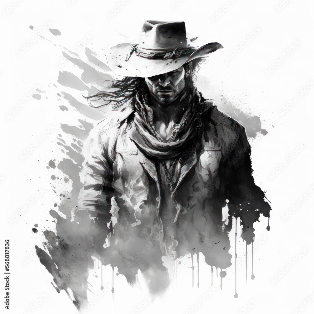 Fototapeta premium Watercolor Painting of a Cowboy - Black and White - Postproducted generative AI digital illustration
