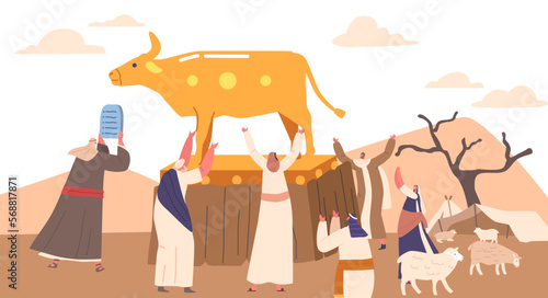 Moses Holds up Tablets with Ten Commandments. Israelites Worshiping Idol of Golden Taurus. Cartoon Vector Illustration