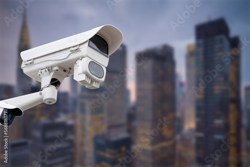 CCTV monitoring, security cameras. Backdrop with views of the city during twilight.