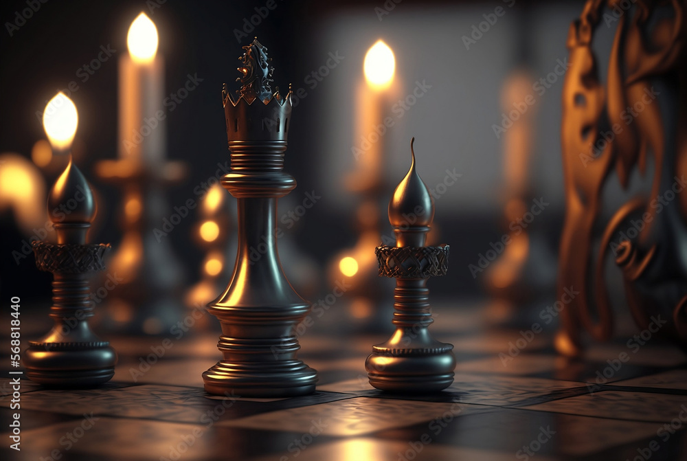 chess figures in dark magical room with candle light on background chess figures in dark magical room with candle light on background