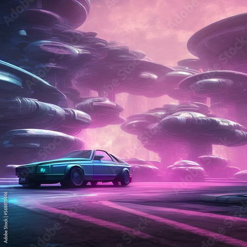 Retro Sci-Fi futuristic background 1980s style 3d illustration. Digital landscape in a cyber world. For use as design cover. v13 Luxury retro car executed in pink and purple colors - generative ai © unalcreative
