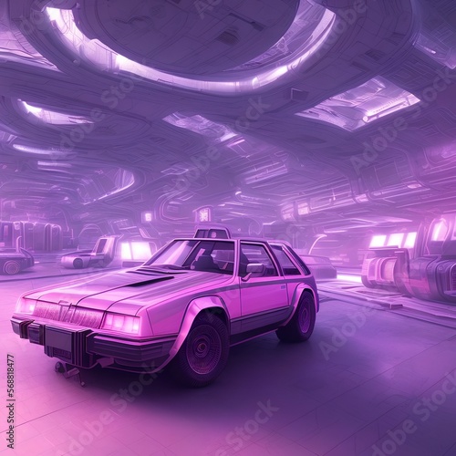 Retro Sci-Fi futuristic background 1980s style 3d illustration. Digital landscape in a cyber world. For use as design cover. v13 Luxury retro car executed in pink and purple colors - generative ai