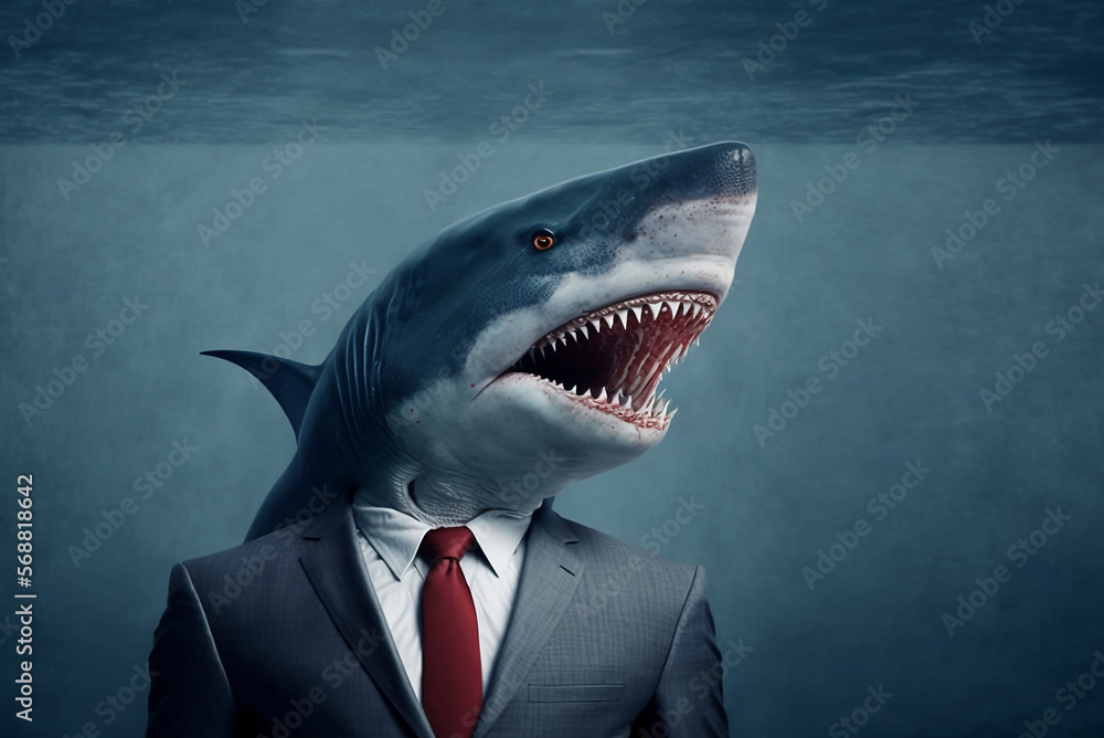 Obraz premium shark dressed as a businessman on a blue background