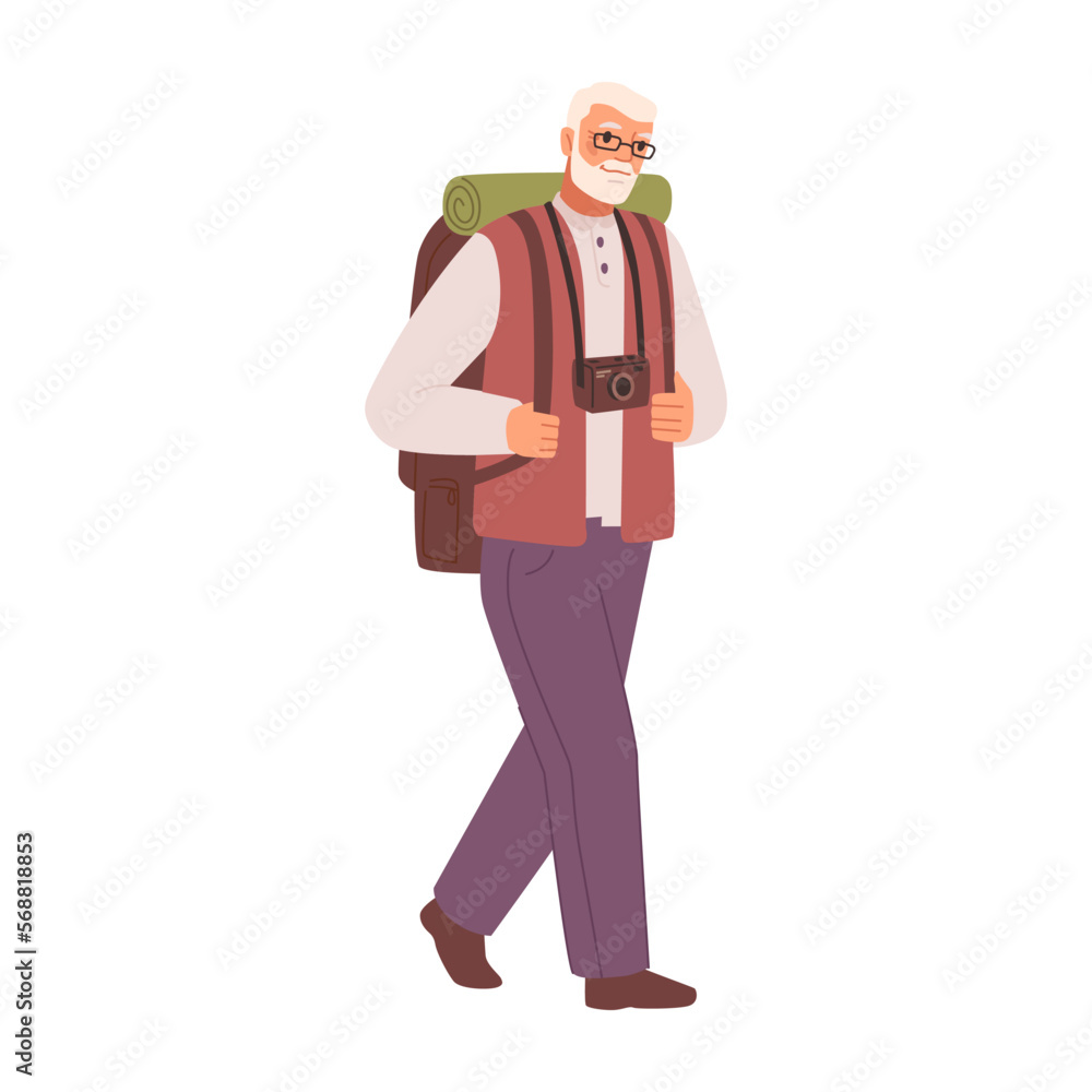 Hiking active senior person carrying backpack on shoulder. Isolated elderly man personage leading healthy lifestyle, doings sports and trekking. Vector old people in flat style