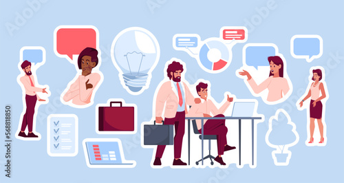 Set of Stickers Office Workers Consider Work Issues. Task Performing Process. Cartoon Vector Illustration, Patches