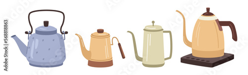 Brewing coffee or tea, isolated kettles and pots for making tasty and aromatic beverages. Cafe or shop serving drinks with caffeine. Vector in flat style