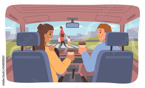 Woman driving car and talking to passenger, do not look at road. Dangerous and careless driver drinking coffee behind steering wheel. Vector in flat style