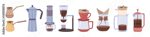 Cezve and dripping filter machines for brewing coffee beverages. Isolated equipment and appliances for making coffee and tea drink. Cafe or home recipe. Vector in flat style