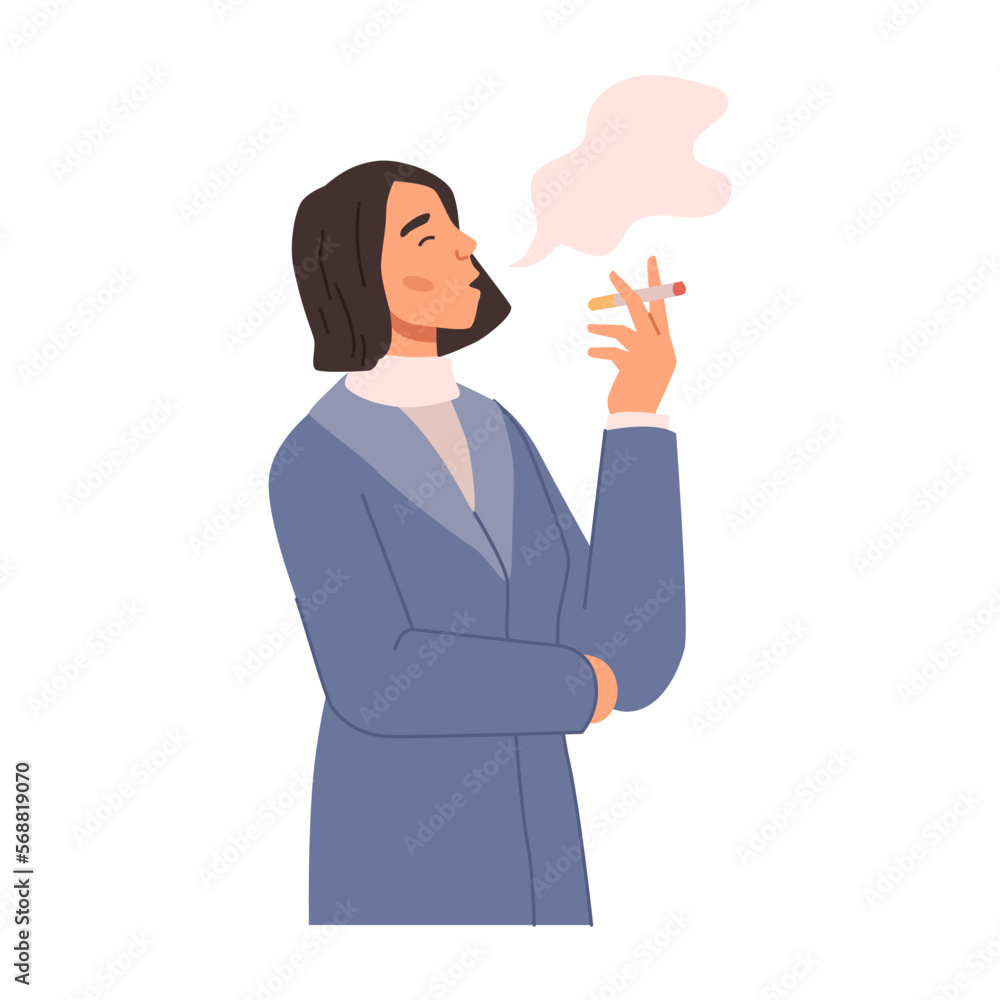 Female character with cigarette in hand smoking and making vapor. Isolated woman wearing business or formal clothes, employee on break. Vector in flat style