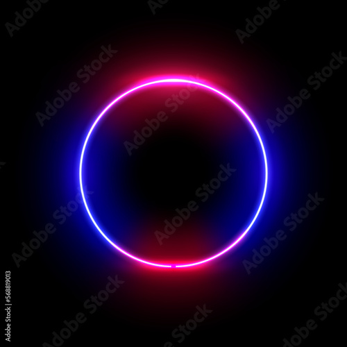 Glowing neon frame in shape of circle, isolated shiny line on border. Empty banner with copy space, highlight and sign for logotype. Vector in realistic style