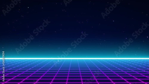 3D animation - Loopable animated retro synthwave style 3d neon mesh on a dark background with stars.