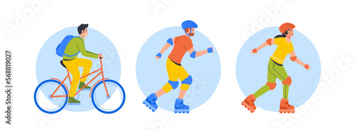 Young Sportive People Characters Active Rest Isolated Round Icons. Men and Women Ride Bicycle and Rollerblade