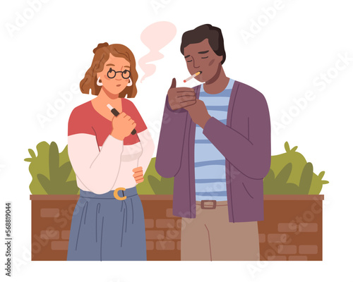 Smoking people standing outdoors, man with cigarette and woman with vape. Male and female characters outside talking, having chat. Vector in flat style