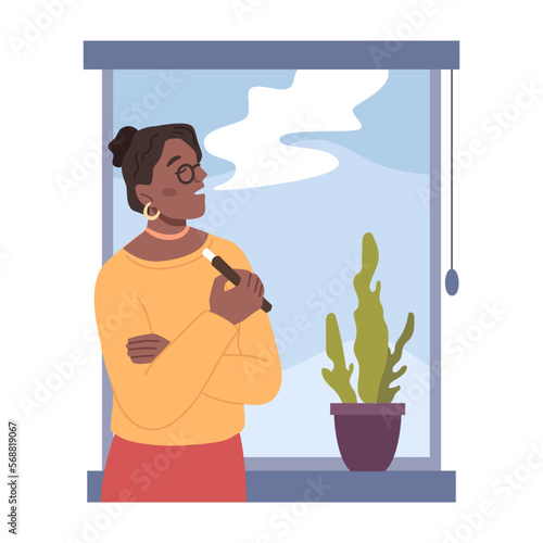Female character standing by window with houseplant smoking vape and making fume. Woman at home or work leaning to wall, taking break. Vector in flat style