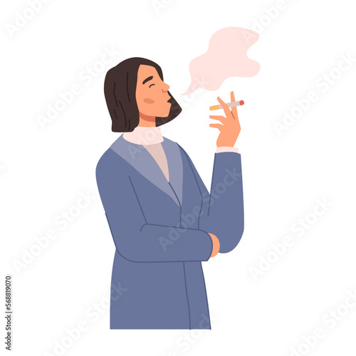 Female character with cigarette in hand smoking and making vapor. Isolated woman wearing business or formal clothes, employee on break. Vector in flat style