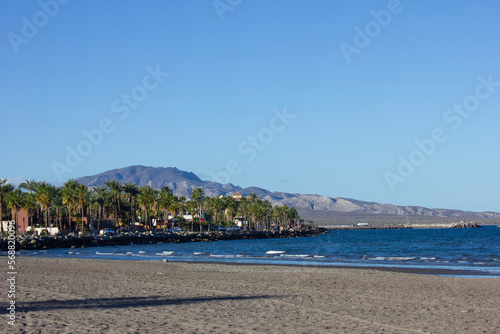 Beach with palm trees and a mountain behind