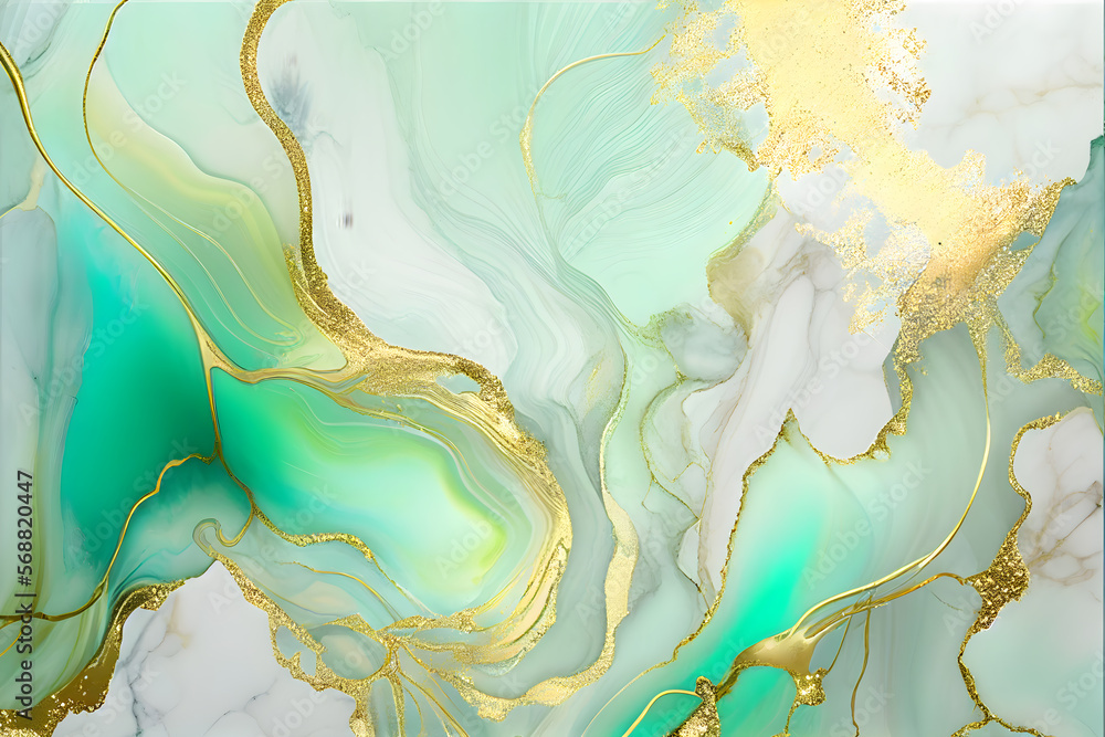 Swirl of gteen gold marble abstract background, Liquid marble design abstract, light green azure tones with golden, Paint marble texture. Alcohol ink colors, Generative Ai. - obrazy, fototapety, plakaty 